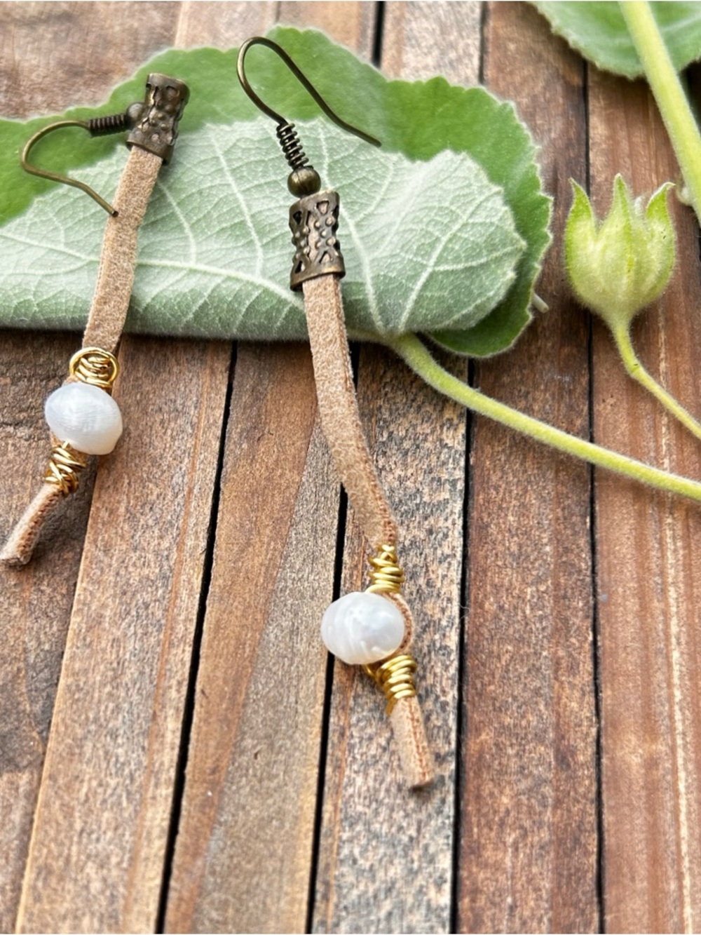 Handmade Beige Suede and Pearl Drop Earrings - Artisan Jewelry